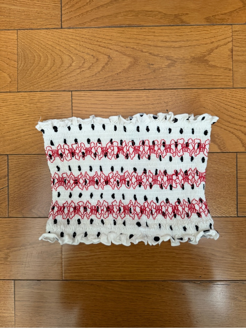 Topshop White Knit Smocked Shirt with Red & Black Detail